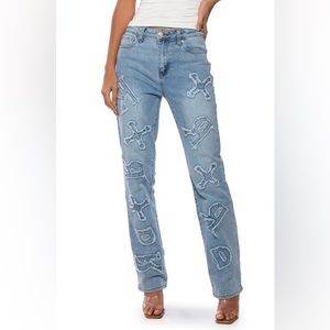 Light Denim Jeans with Scattered Letters